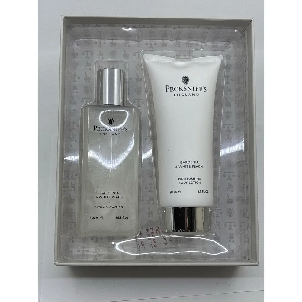 Pecksniff's GARDENIA & WHITE PEACH Bath Gel and Body Lotion Gift Set New